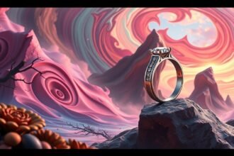 Fede nuziale su un piedistallo tra paesaggio astratto