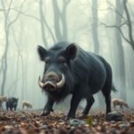 Cinghiale che cammina in un bosco nebbioso
