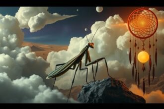 Una mantide religiosa tra nuvole e sogni