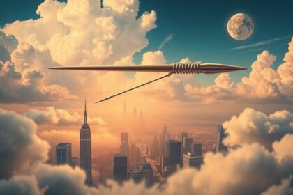 Ago da cucito sospeso tra le nuvole su una città moderna