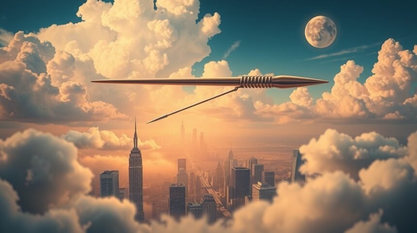 Ago da cucito sospeso tra le nuvole su una città moderna