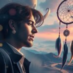 Ritratto di un giovane sognatore con un acchiappasogni sullo sfondo.