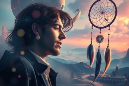 Ritratto di un giovane sognatore con un acchiappasogni sullo sfondo.