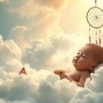 Neonato maschio che sogna tra le nuvole con un sogno su di lui