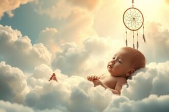 Neonato maschio che sogna tra le nuvole con un sogno su di lui