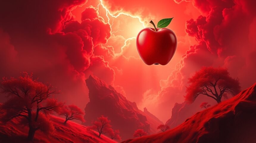 Mela rossa in un paesaggio incandescente di colori intensi