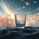 Bicchiere di vetro su una superficie rocciosa con nuvole e uccelli