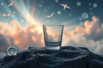 Bicchiere di vetro su una superficie rocciosa con nuvole e uccelli