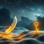 Piuma dorata e chiave luminosa simboleggiano sogni e spiritualità