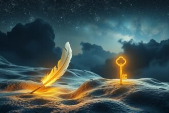 Piuma dorata e chiave luminosa simboleggiano sogni e spiritualità
