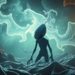 Rappresentazione onirica di un alieno in un paesaggio misterioso