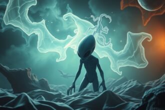 Rappresentazione onirica di un alieno in un paesaggio misterioso