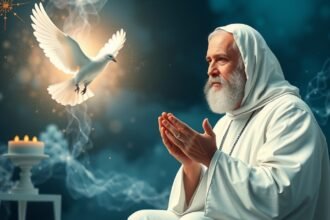 Un prete vestito di bianco in preghiera con una colomba che vola.
