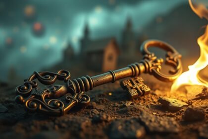 Chiave antica su un terreno roccioso, simbolo di opportunità e cambiamento.