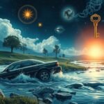 Auto che affonda in un torrente, simbolo di crisi e perdita di controllo.