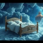 Letto su nuvole con lampada e elementi sognanti