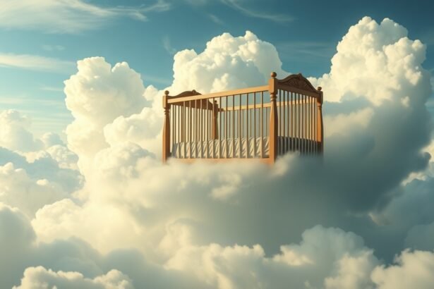 Culla sospesa tra le nuvole, simbolo di sogni e innocenza infantile.