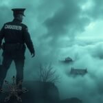Carabiniere in un paesaggio nebbioso simbolo di autorità e sogni.