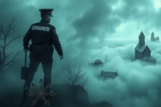 Carabiniere in un paesaggio nebbioso simbolo di autorità e sogni.