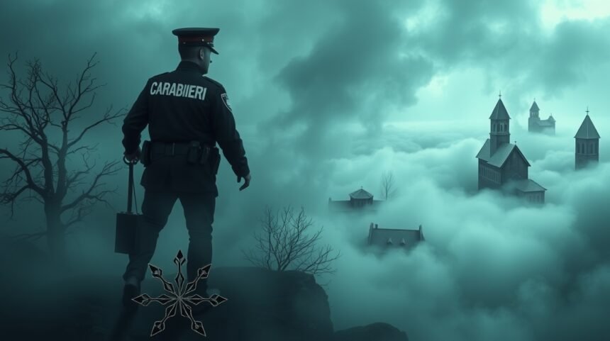 Carabiniere in un paesaggio nebbioso simbolo di autorità e sogni.
