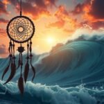 Un sogno di tsunami con un dreamcatcher in primo piano al tramonto.