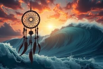 Un sogno di tsunami con un dreamcatcher in primo piano al tramonto.