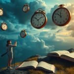 Ragazza che esplora il significato del tempo attraverso libri volanti