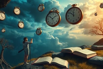 Ragazza che esplora il significato del tempo attraverso libri volanti