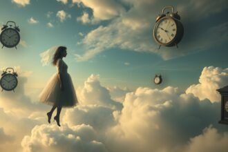 Donna che fluttua tra le nuvole con orologi, simbolo di ambizione e comunicazione.