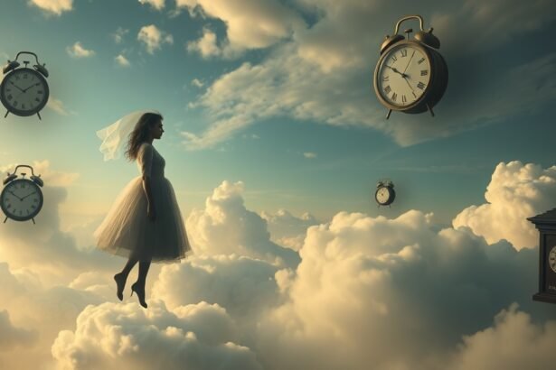 Donna che fluttua tra le nuvole con orologi, simbolo di ambizione e comunicazione.