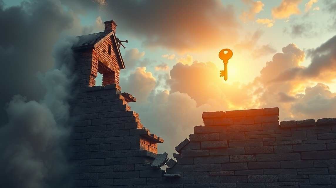 Muro di casa crollato con chiave sospesa nel cielo al tramonto