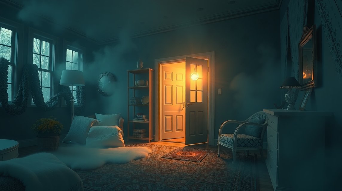 Una stanza accogliente con una porta aperta che trasmette nostalgia.