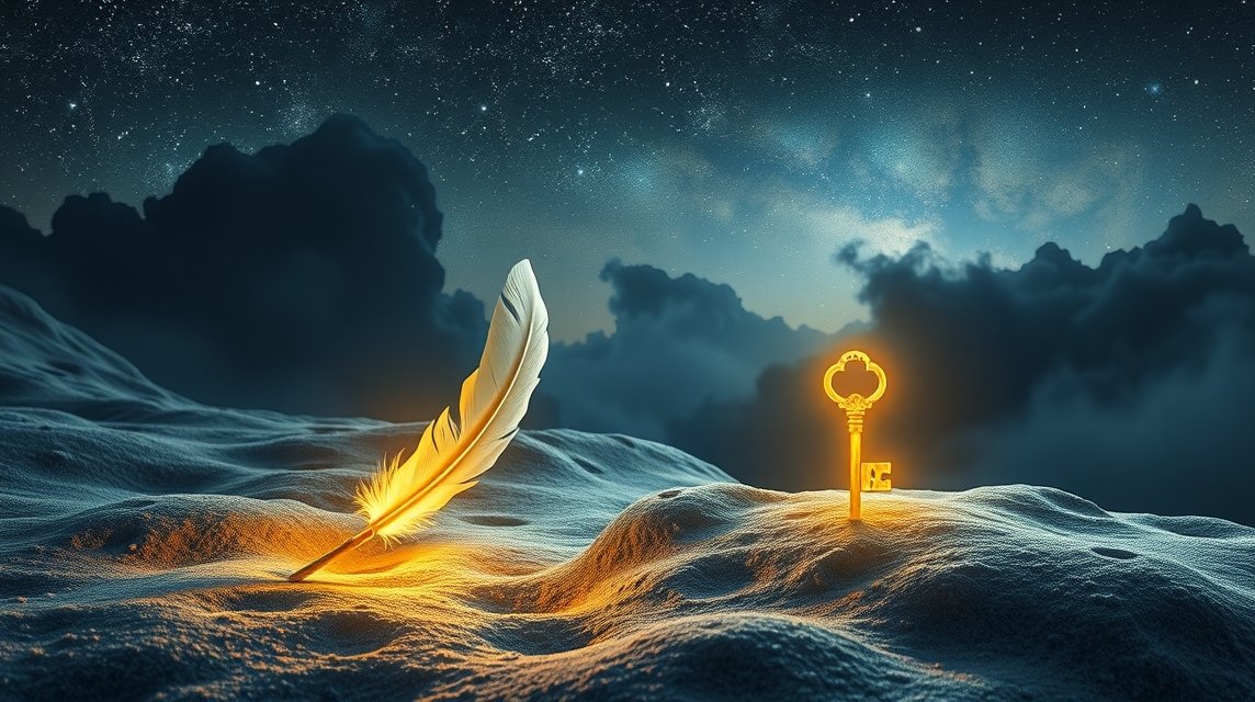 Piuma dorata e chiave luminosa simboleggiano sogni e spiritualità