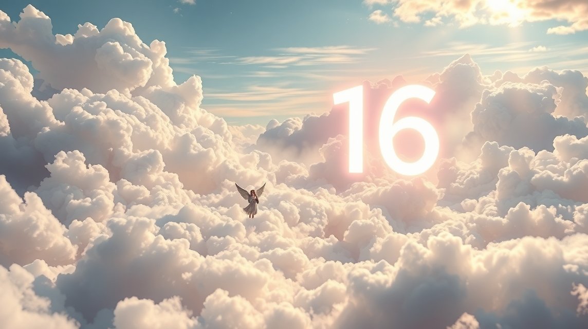 Numero angelico 16 tra nuvole rappresenta crescita spirituale.