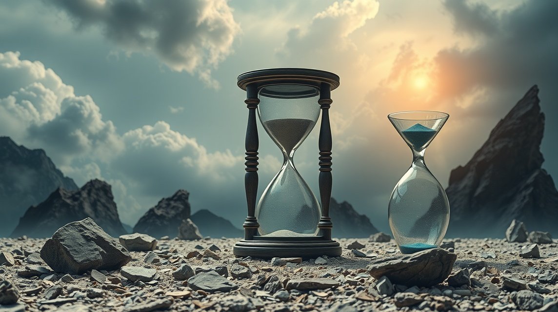 Due clessidre su un paesaggio roccioso, simbolo di cambiamenti e introspezione.