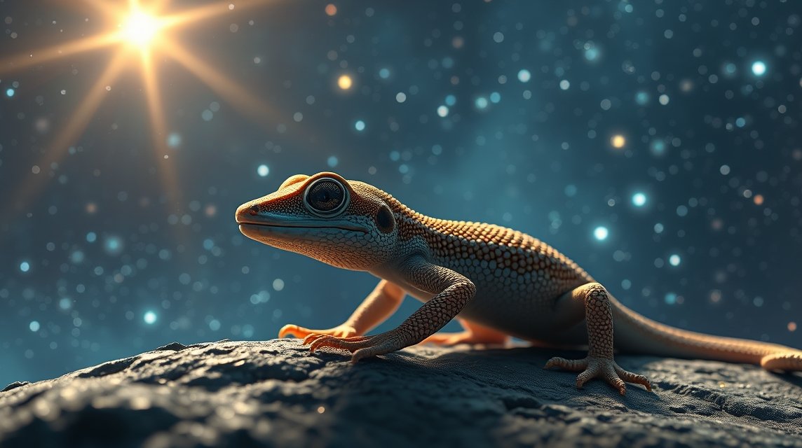 Geco su una roccia con sfondo stellato, simbolo di trasformazione.