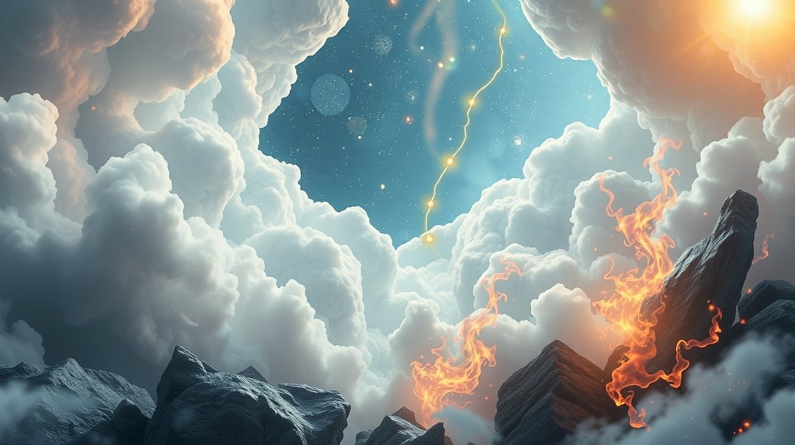 Paesaggio onirico con nuvole e fiamme simboliche