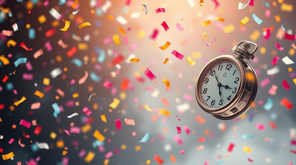 Orologio con confetti in festa per celebrazioni e gioia.