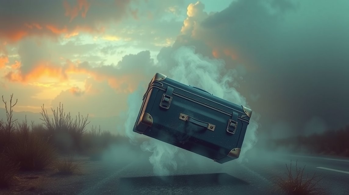 Valigia sospesa in un paesaggio inquietante, simbolo di ansia e stress.