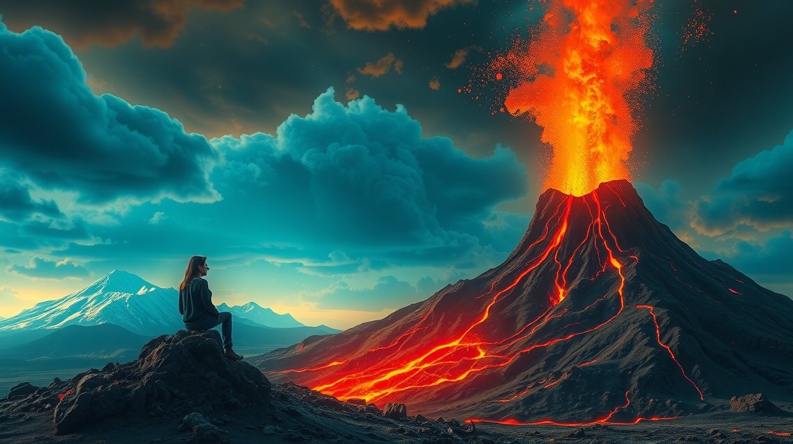 Una persona osserva un vulcano eruttante in un paesaggio drammatico