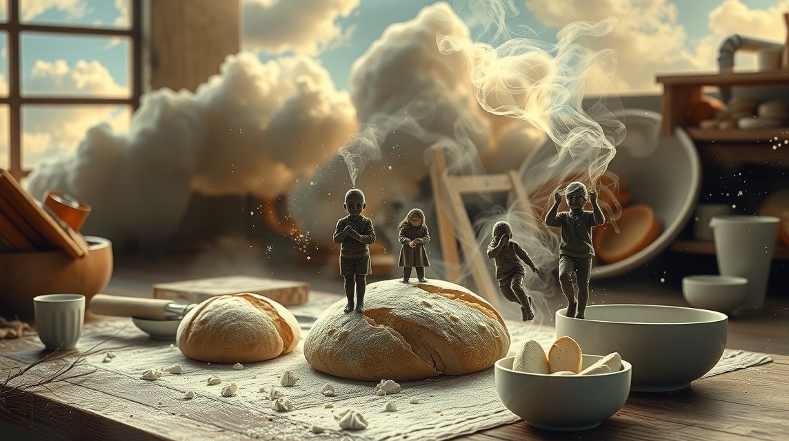 Bambini che impastano pane in cucina, simbolo di creatività e lavoro