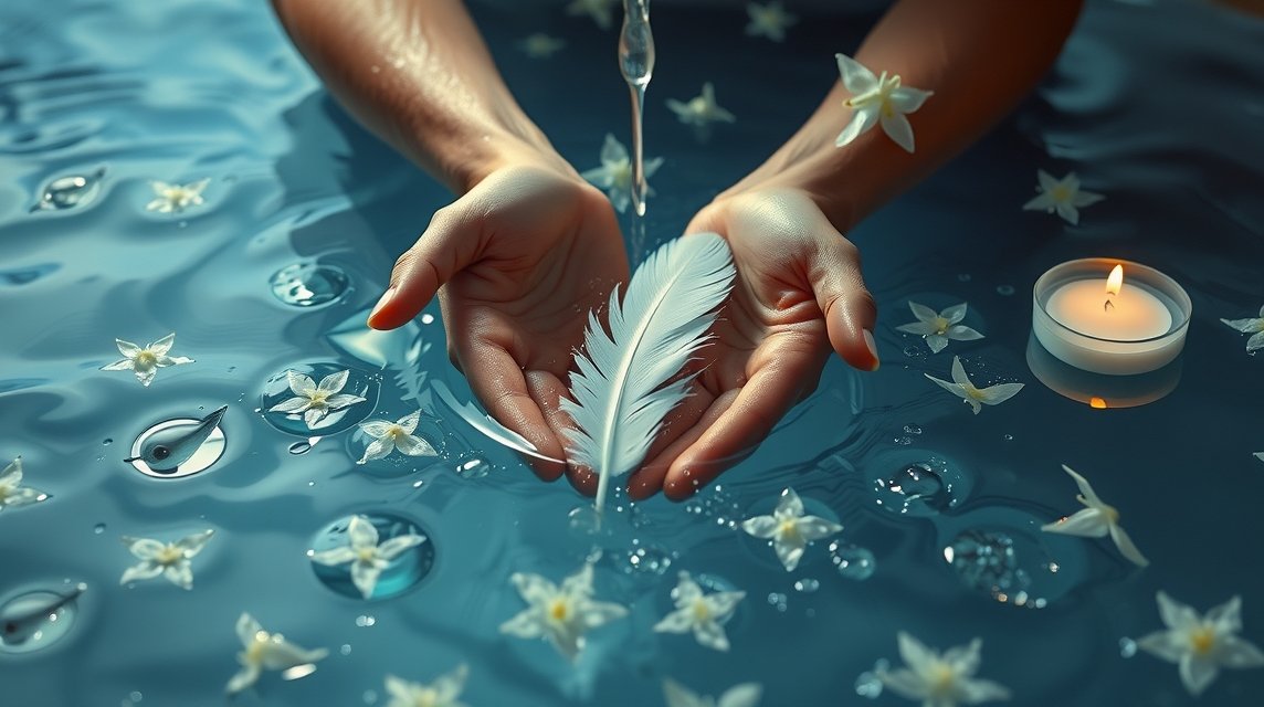 Due mani che si lavano in acqua con una piuma e fiori galleggianti.