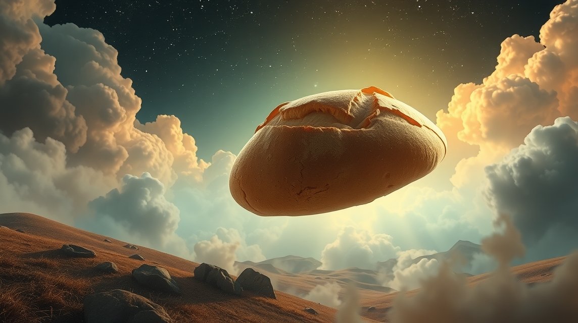 Un grande pane fluttuante nel cielo con nuvole e luce solare