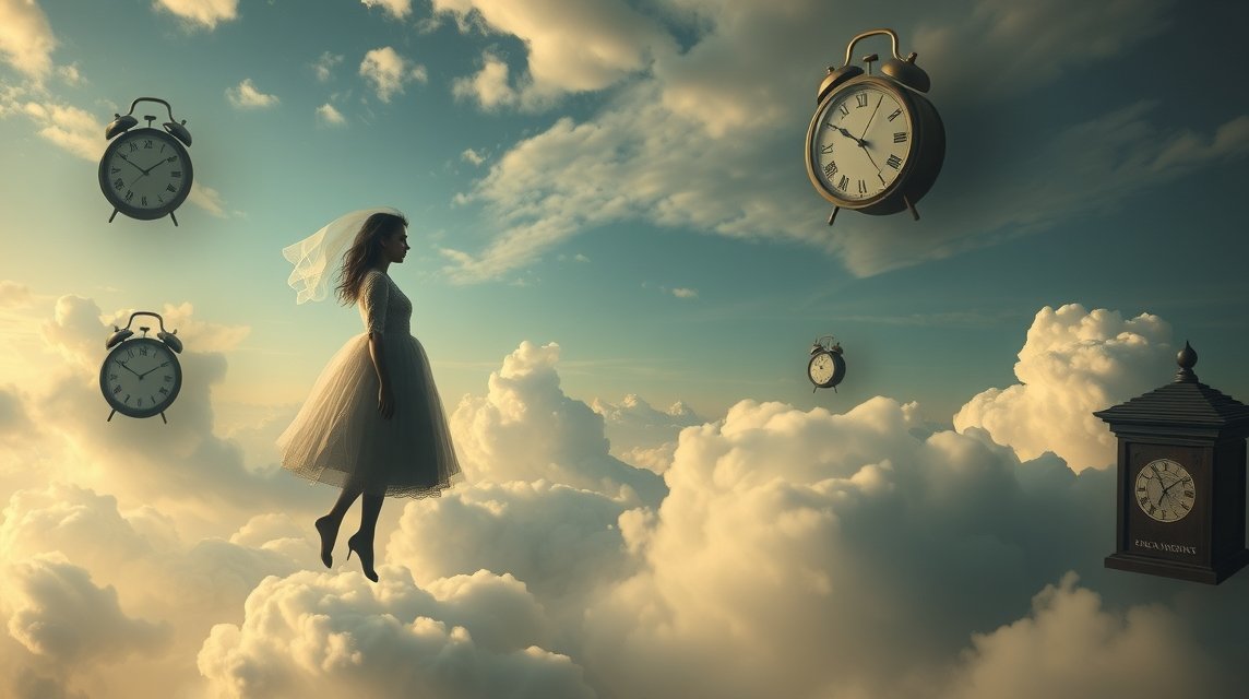 Donna che fluttua tra le nuvole con orologi, simbolo di ambizione e comunicazione.