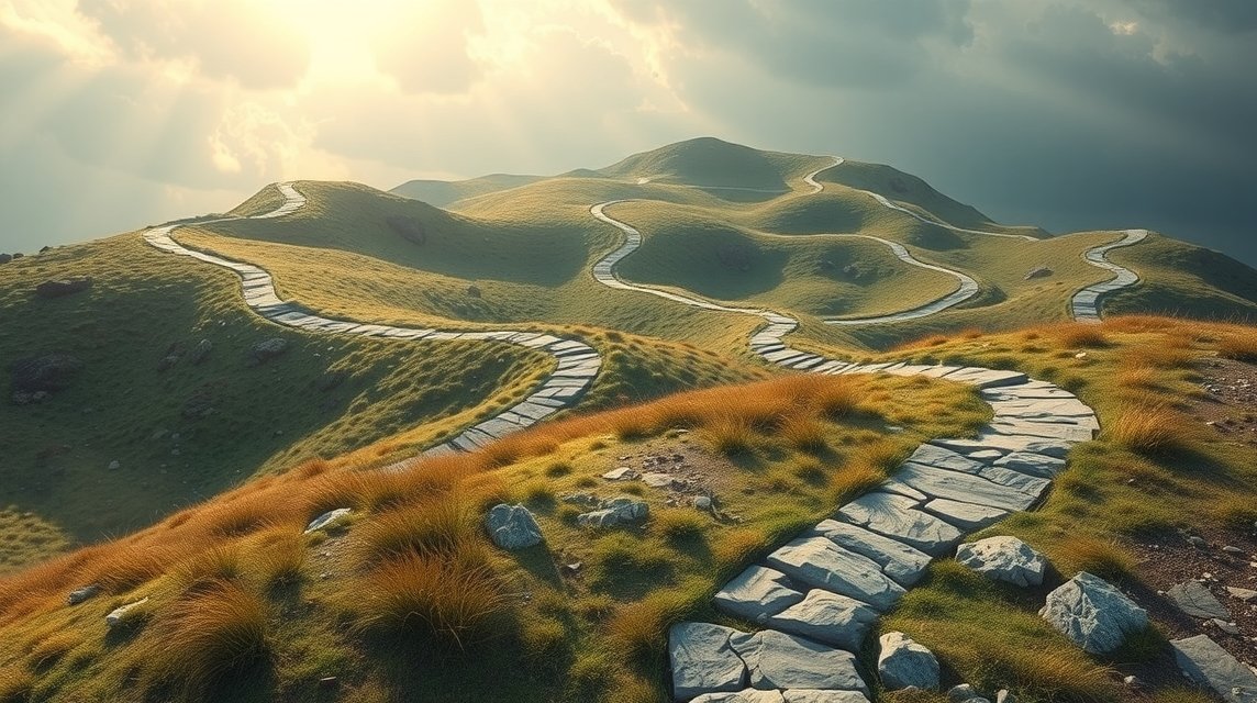 Sentiero tortuoso su colline verdi, simbolo di ricerca interiore.