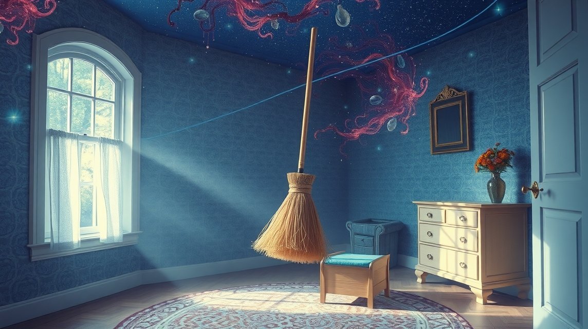 Interno di una casa con scopa e decorazioni significative