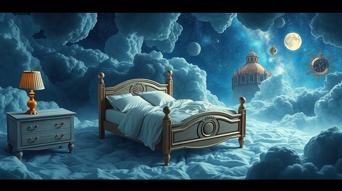 Letto su nuvole con lampada e elementi sognanti
