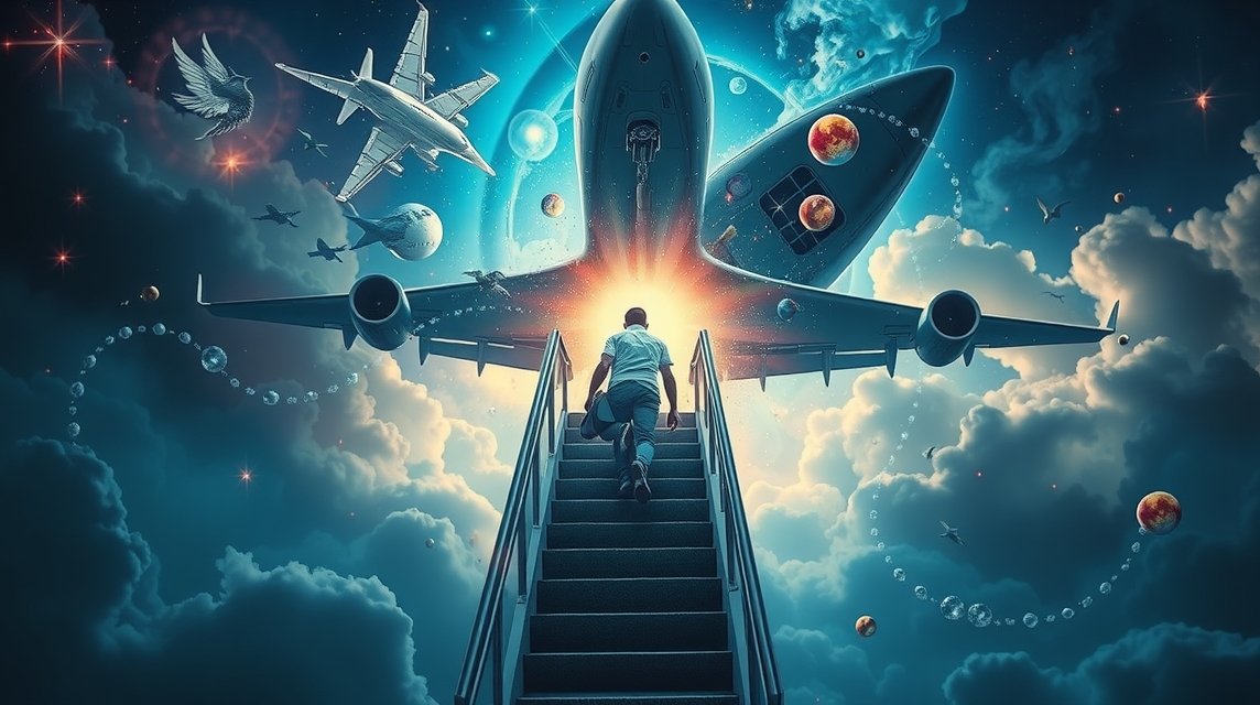 Uomo che scende da un aereo in un sogno simbolico di cambiamento
