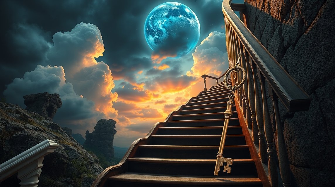 Scalinata simbolica con chiave, rappresenta cautela nei sogni.