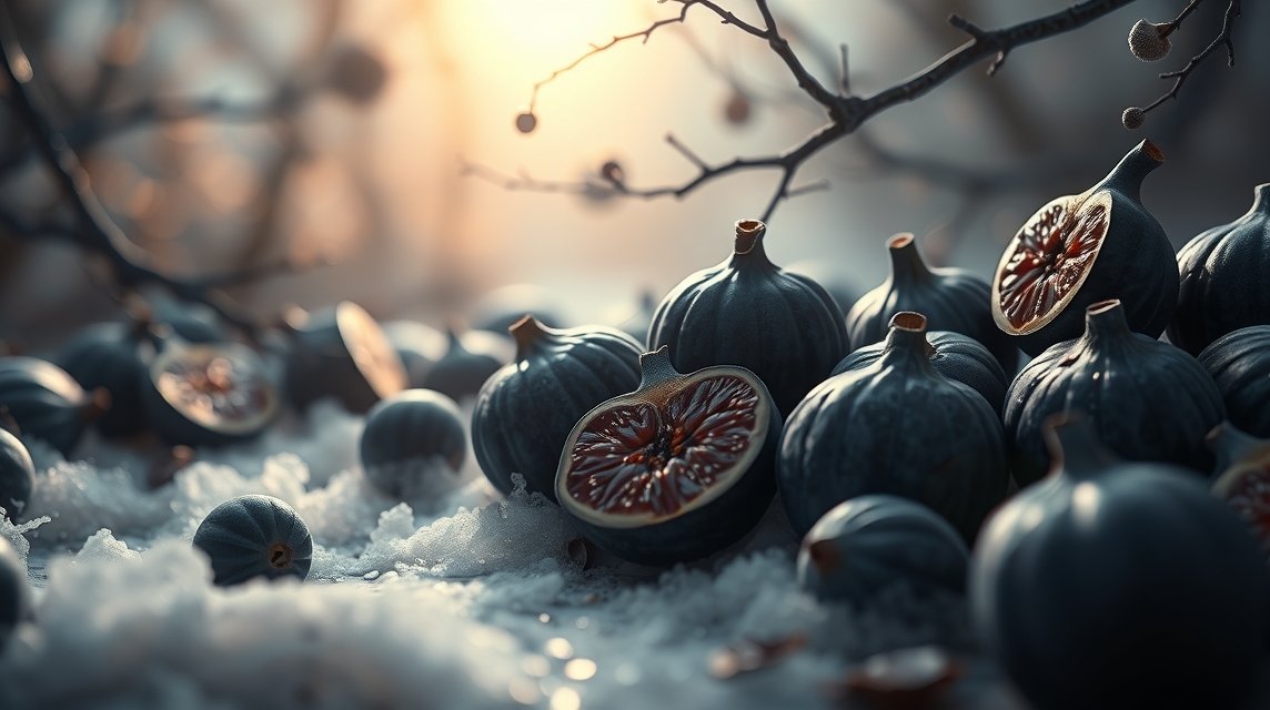 Fichi neri su un fondo innevato, simbolo di segreti e intuizioni.